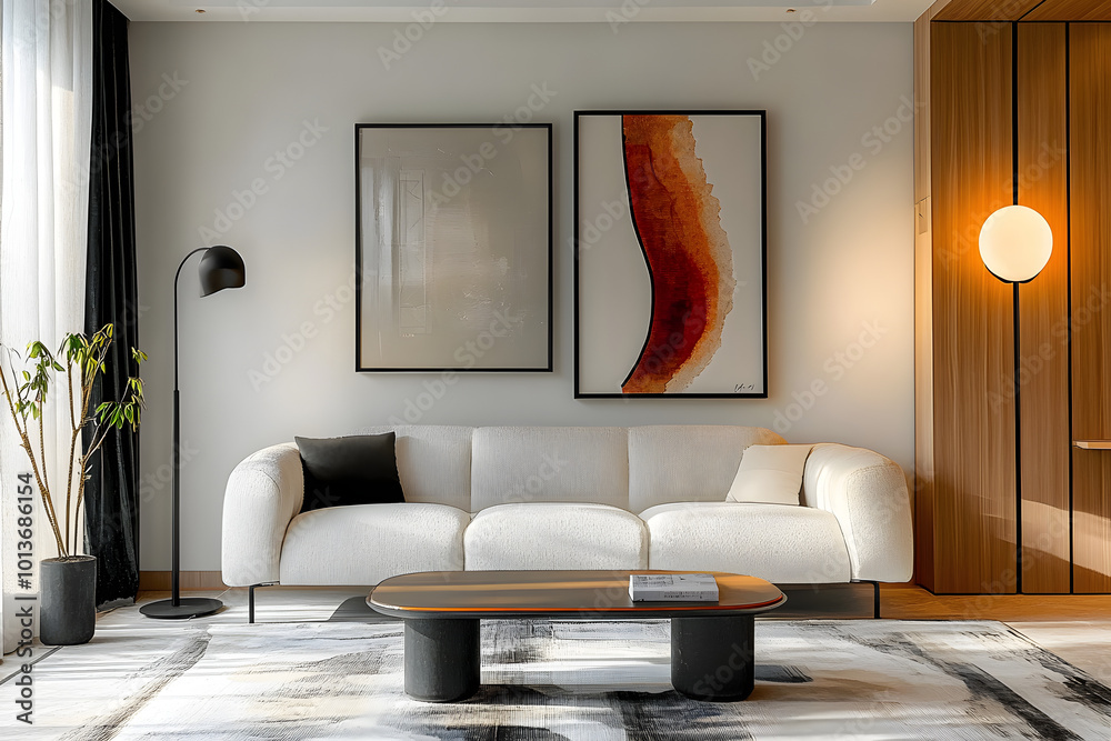 Sticker Japandi, minimalist interior design of modern living room with art frame.