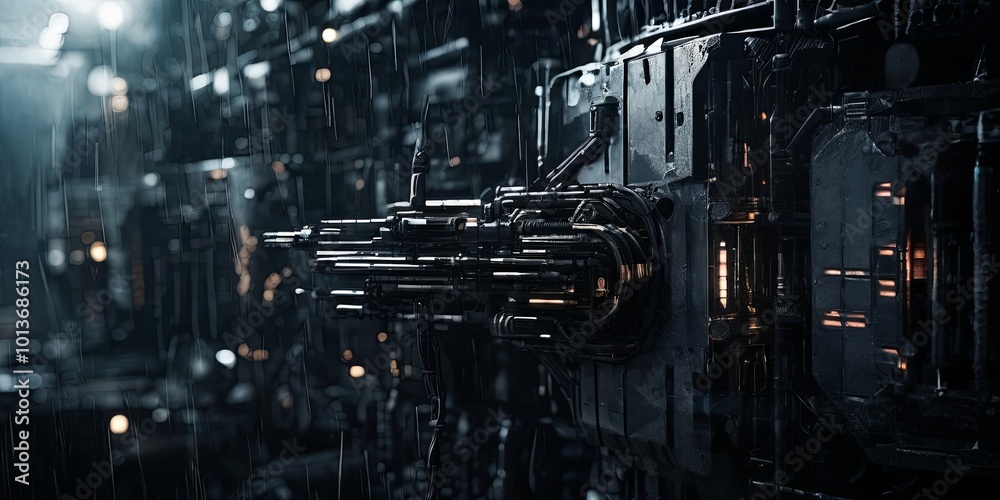Poster A futuristic cityscape with a large, metallic object in the foreground