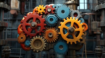 Fototapeta premium Innovative Brain Gears Symbolizing Complex Thought Processes 3D Rendered Conceptual Digital Painting of Colorful Industrial Cogs and Mechanisms Depicting Mesmerizing Motion and Retrofuturistic