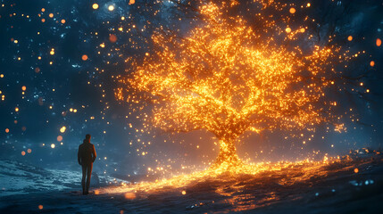 Fototapeta premium 3D Abstract Glowing Figure Decorating Radiant Winter Tree with Lights in Futuristic Digital Landscape - Perfect for Festive Winter Ads