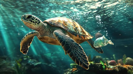 Obraz premium A majestic sea turtle gliding gracefully through crystal-clear ocean waters, surrounded by vibrant coral and schools of fish.