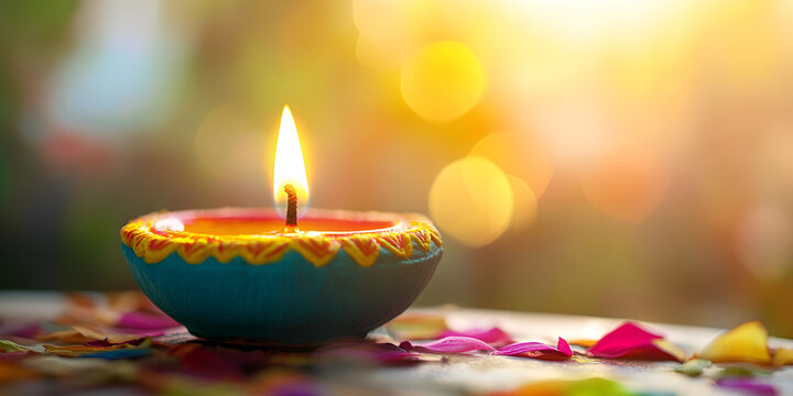 Diwali Celebration with Candle on Colorful Festive Background
