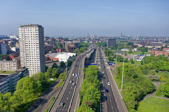 Glasgow city aerial view looking west over the M8 motorway