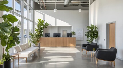 Fototapeta premium Modern reception area featuring a minimalist design with plants, seating, and a wooden front desk.