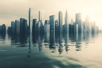 Fototapeta premium A surreal city skyline partially submerged in water, reflecting buildings against a muted sky, conveying themes of urban decay and environmental change.