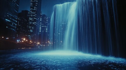 A nighttime cityscape with a waterfall flowing into a pool of water