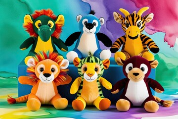 Fototapeta premium Vibrant Watercolor Background Featuring Cutout Group of Five Exotic Jungle Animal Plush Toys