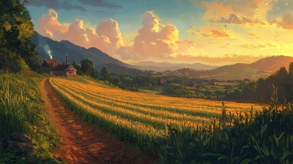 Fototapeta premium A Countryside Cottage Nestled in a Golden Field at Sunset