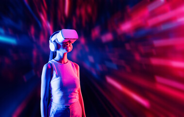 Smart female standing surrounded by neon light wearing VR headset connecting metaverse, future cyberspace community technology. Elegant woman looking faraway and smiling satisfactorily. Hallucination.