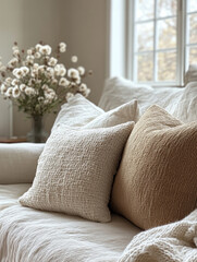 Beautiful neutral toned textured pillows are arranged on a sofa in a bright living room