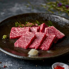 Wagyu beef slices arranged in circle on plate with gold rim. Pinkish-red color, marbling visible. Grey countertop, white bowl with red sauce in background. High-quality meat, premium cattle, Japanese