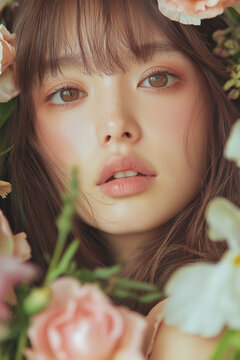 Ethereal Beauty Surrounded by Soft Blooms