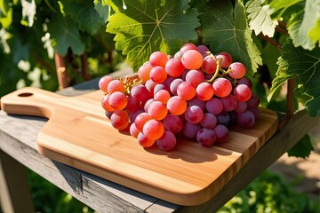 Stylish Wooden Serving Board with Juicy Pink Grapes in Beautiful Vineyard Setting