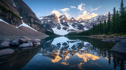 Obraz premium panoramic view of a majestic snow capped mountain range with rugged rocky peaks reflected in a serene and pristine alpine lake captured during a dramatic golden hour sunset