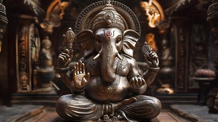 Fototapeta premium Majestic Ganesha Sculpture in Tranquil Temple Interior Gleaming Metallic Finish and Elegant Pose Exquisitely detailed elephant headed deity figure with graceful meditative posture