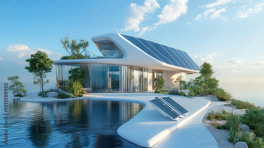 Poster Modern, Futuristic House with Solar Panels on a Small Island