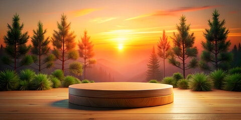 Obraz premium Sunrise Podium in Pine Forest: A serene wooden podium bathed in the warm glow of a breathtaking sunrise, nestled amidst a picturesque pine forest.