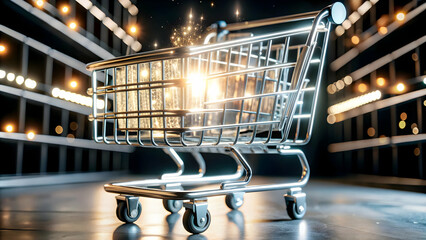 3D Glowing Abstract Product with Radiant Floating Shopping Cart Symbolizing Cyber Monday Tech Sales - Digital Art Focused Design