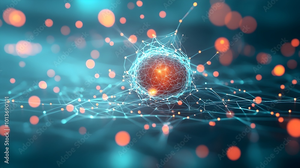 Poster interlocking geometric forms and luminous effects create a complex neural network of lines and shape