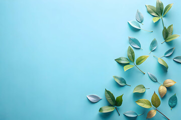 Fresh Green Leaves on Blue Background:  A gentle scattering of vibrant green leaves in various shades, arranged in a corner on a calming blue background.
