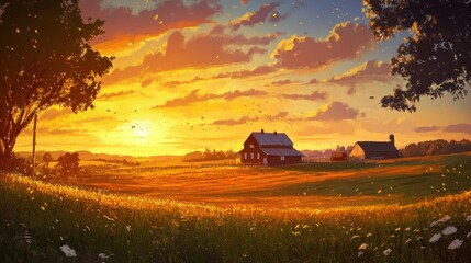 Fototapeta premium A Rural Farmhouse Under a Golden Sunset Sky