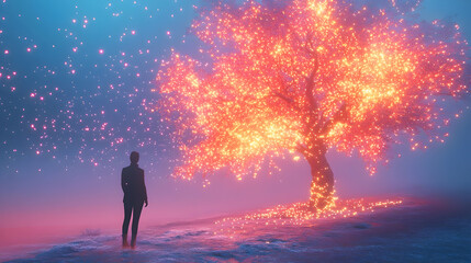 Fototapeta premium 3D Abstract Glowing Figure Decorating Winter Tree with Lights - Futuristic Digital Landscape for Festive Winter Ads