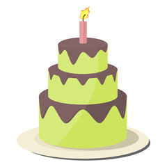 light green and brown birthday cake with burning candles. cakes for surprises, gifts, special people, weddings, birthdays, special events. vector illustration. chocolate cake. matcha cake