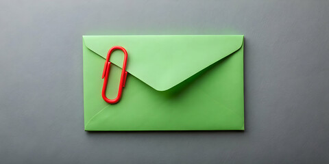 Green Envelope with Red Paperclip: A vibrant green envelope, secured with a bright red paperclip, sits against a minimalist grey backdrop. This image evokes feelings of anticipation, secrecy.