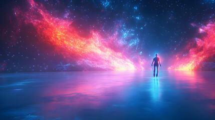 Fototapeta premium 3D Abstract Glowing Ice Skater on Frozen Digital Lake: Vibrant Neon Reflections and Radiant Atmosphere for Winter Themed Designs