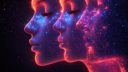 Futuristic digital representation of three faces illuminated by vibrant lights