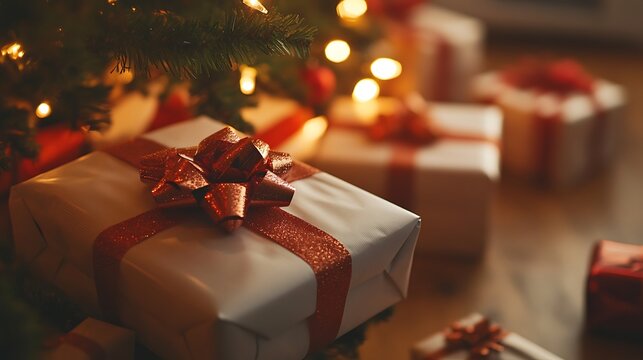 Close-up of wrapped Christmas presents with festive bows and ribbons under a beautifully lit tree.