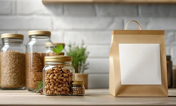 Blank white and craft square paper bag with sticker mockup Video