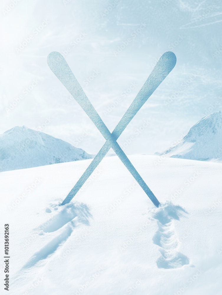 Poster the crossed skis rest on a pristine snow-covered slope, surrounded by snowy mountain peaks under a c