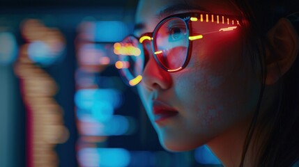 Woman in glasses is reading html script analyzing and programming data hologram AI generated image