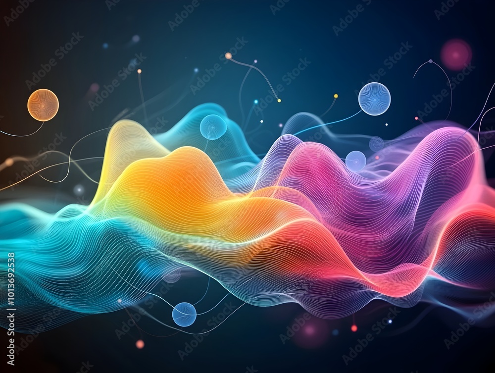 Poster mesmerizing digital background with interconnected cascading prisms polygons and undulating lines in