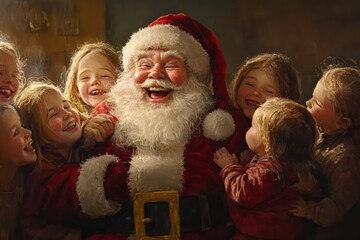 Fototapeta premium Santa Claus laughing heartily with a group of children.