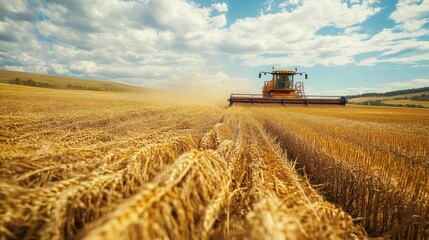 Naklejka premium Orange Combine Harvester Working in a Field of Wheat
