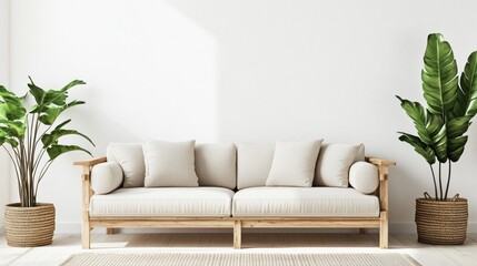 A modern living room featuring a light-colored sofa and decorative plants.