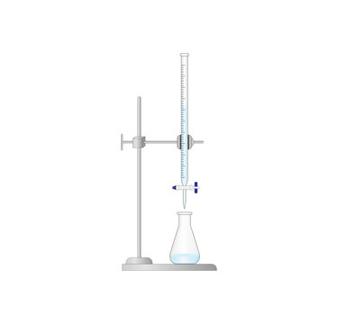Titration procedure. Titrant in a burette and analyte in a conical flask, scientific experiment in the laboratory. Scientific vector illustration.	