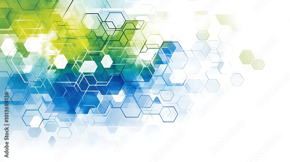 Aufkleber Abstract background with blue and green hexagon patterns on white background.