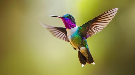 Hummingbird in Flight, Vibrant Colors Against a Soft Green Background