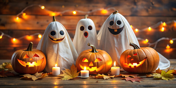 Halloween ghosts with funny pumpkin on orange background. Happy halloween holiday concept