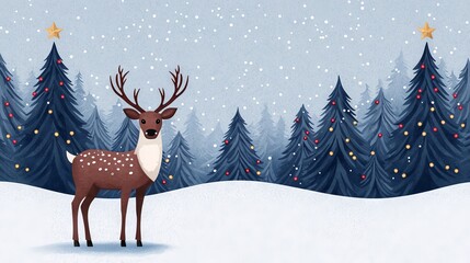 Reindeer in Winter Forest with Christmas Trees and Snow