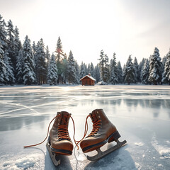 Ice Skates on a Frozen Lake at Sunrise with Snowy Cabin Background