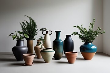 Fototapeta premium Creative Display of Vintage and Modern Vases with Handmade Plant Pots in Minimalist Decor
