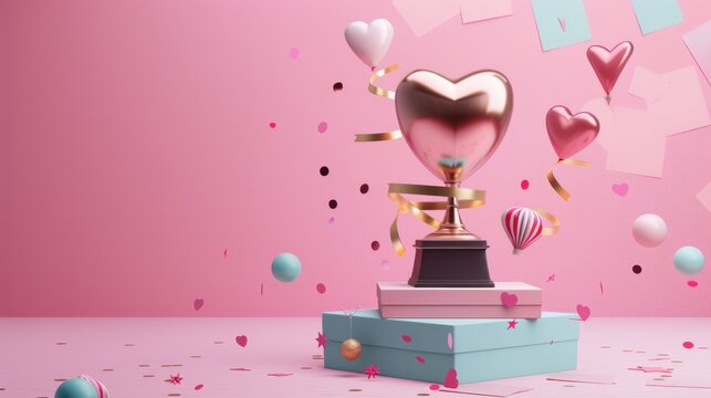 Trophy Cup geometric shape on pink background, 3d rendering AI generated image
