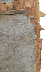 broken frayed edges of old damaged plywood board on white background, wood deteriorated due to...