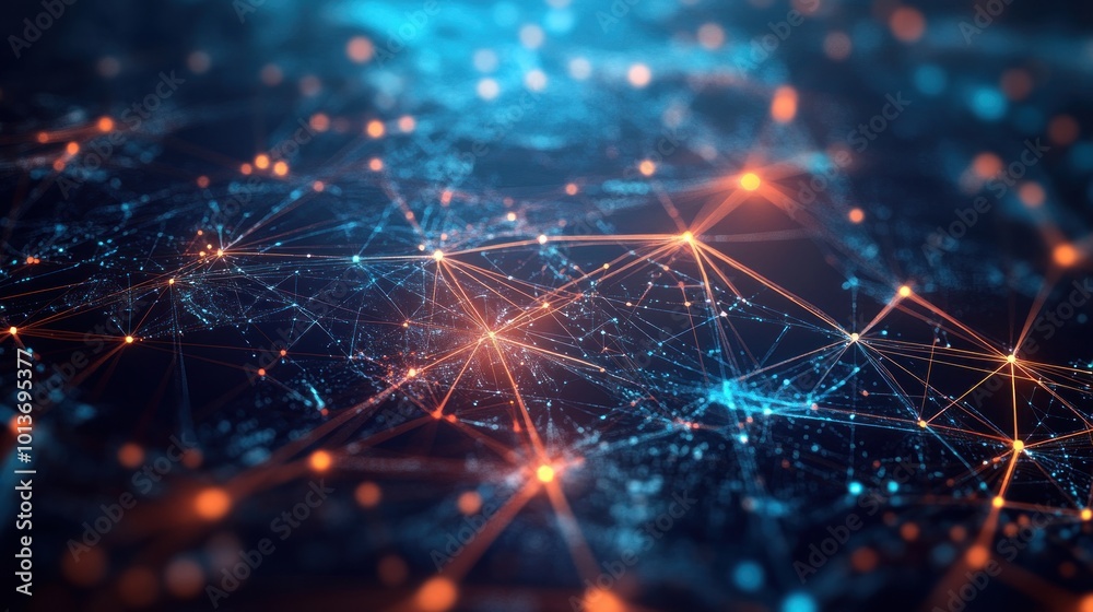 Poster abstract digital network with glowing nodes and connections representing data flow.