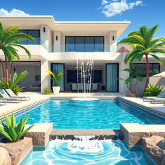 Modern Luxury Villa with Swimming Pool and Palm Trees