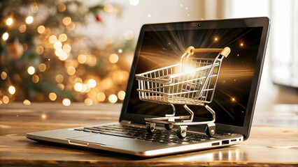 Flat Floating Laptop with Holographic Shopping Cart & Cyber Monday Sale Banner - Modern Tech Shopping Theme Illustration